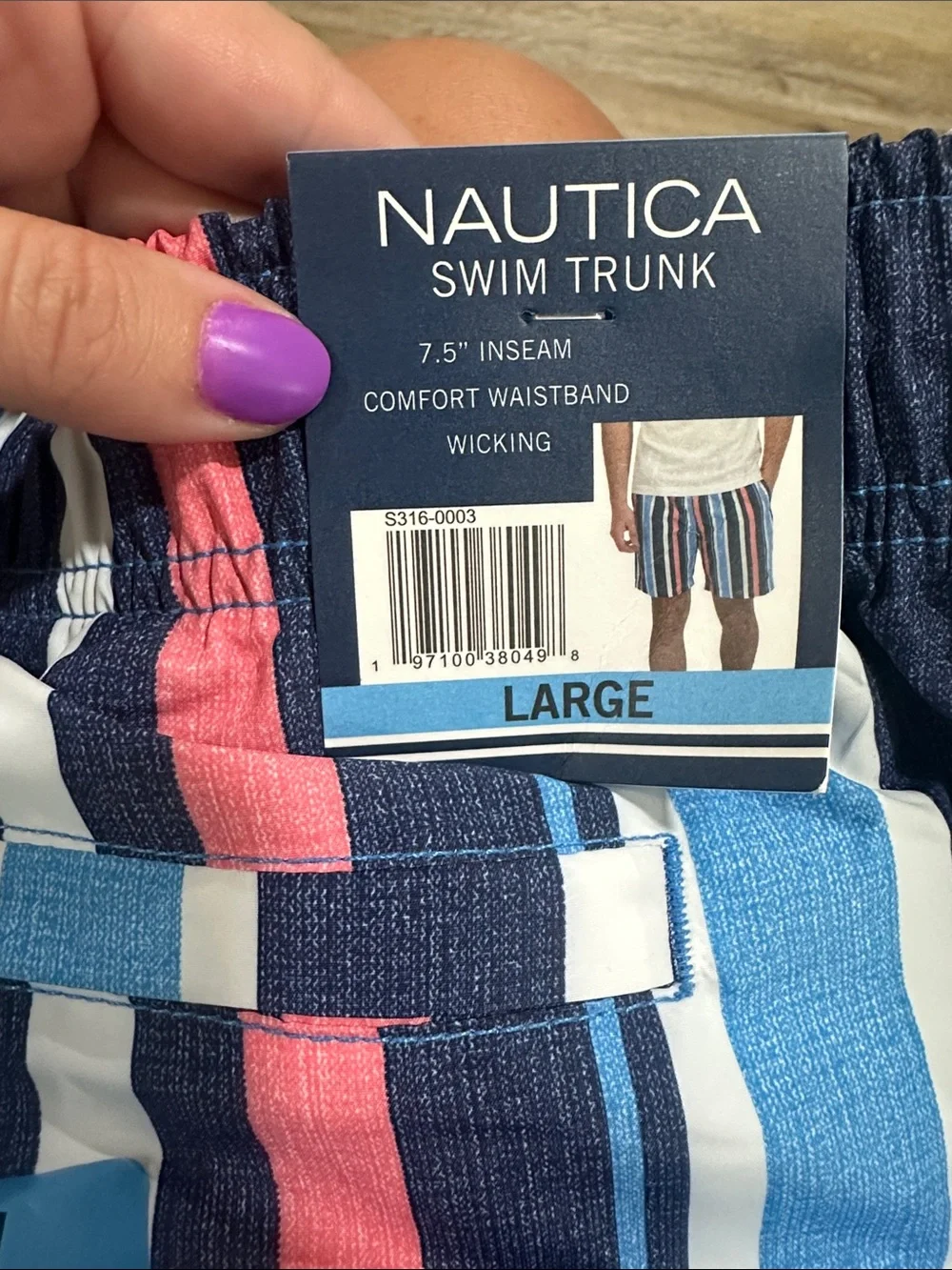 Nautica Navy, Light Blue & Pink Vertical Stripe Swim Trunks